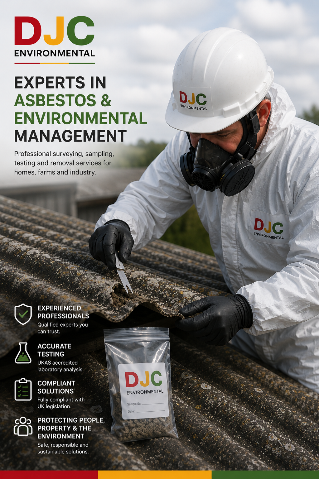A worker in protective gear, including a helmet and mask, performing an environmental inspection on a roof with a sample kit from DJC Environmental. The image promotes environmental services for asbestos testing and removal.