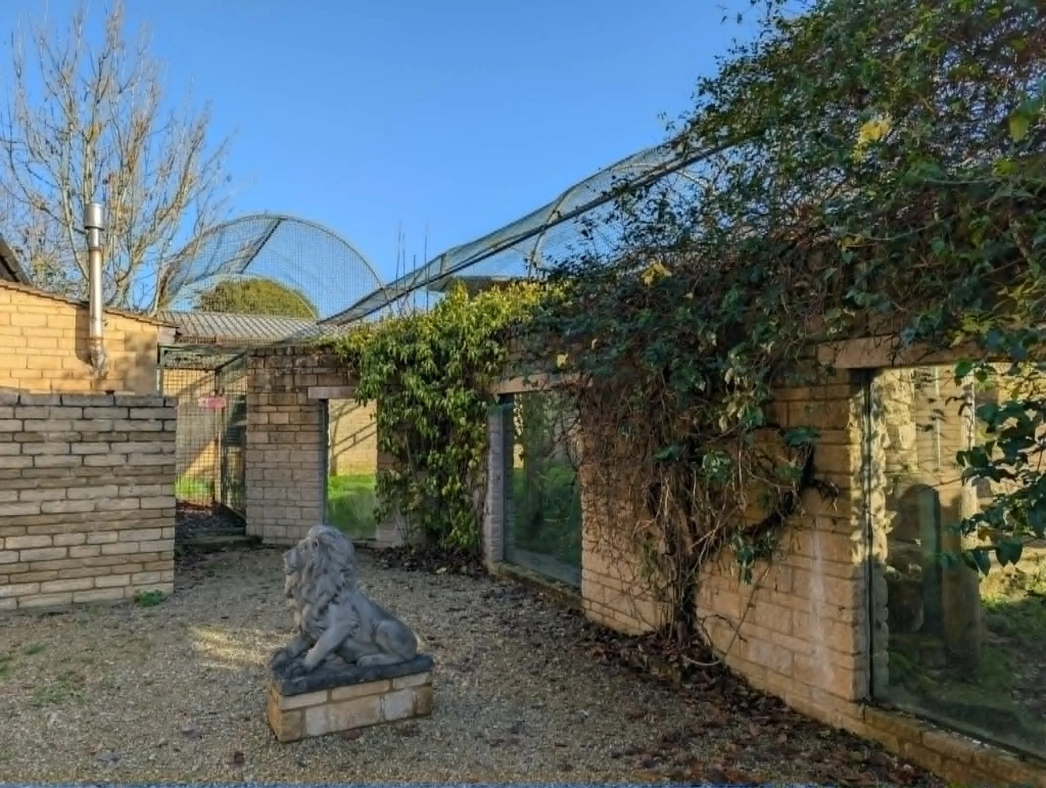 A garden with brick walls, a gate, a dog sitting on a brick stand, trees, and a blue sky.
