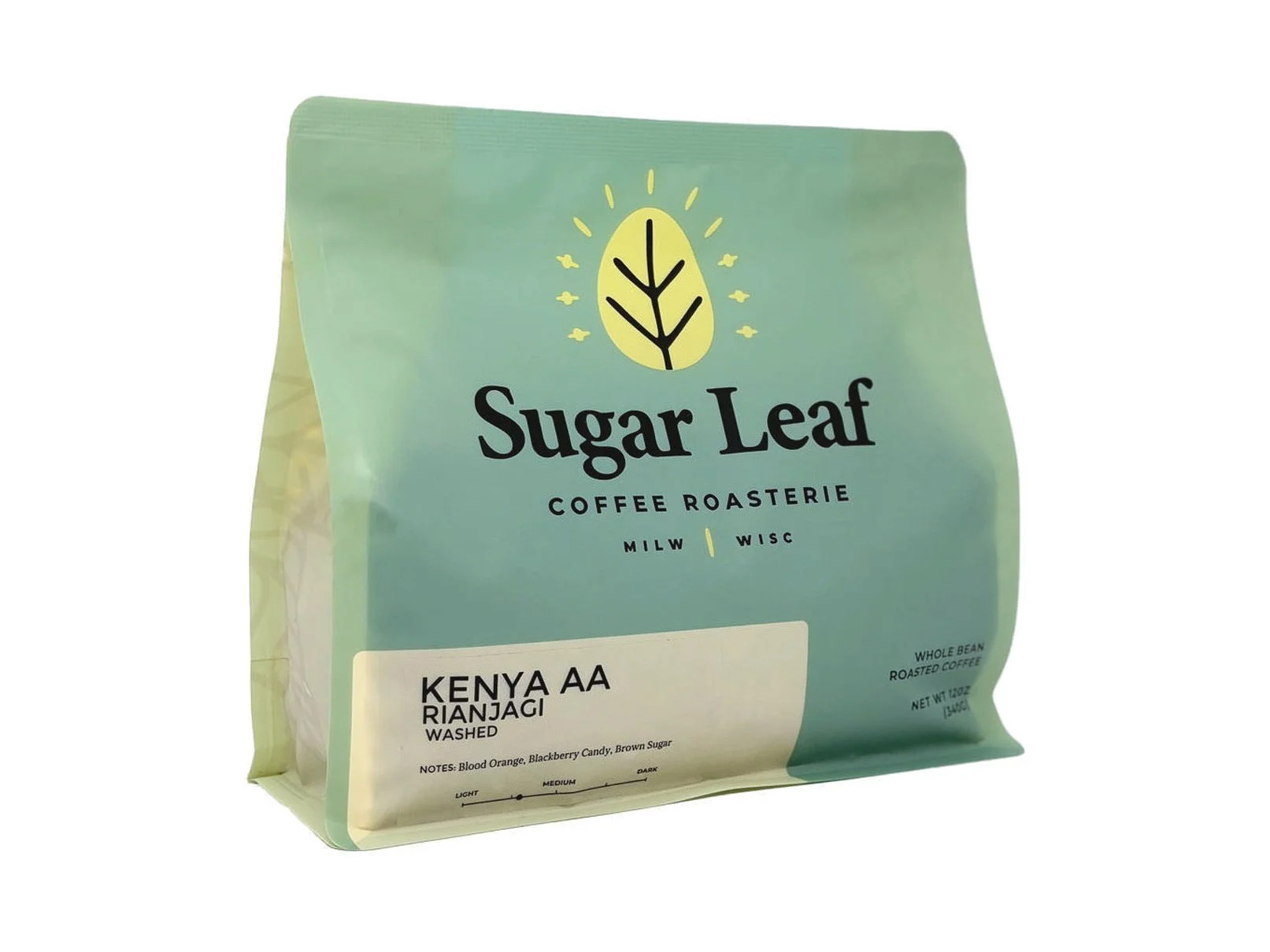 Angled view of a teal and cream 12 oz bag of Sugar Leaf Kenya AA Rianjagi whole bean coffee