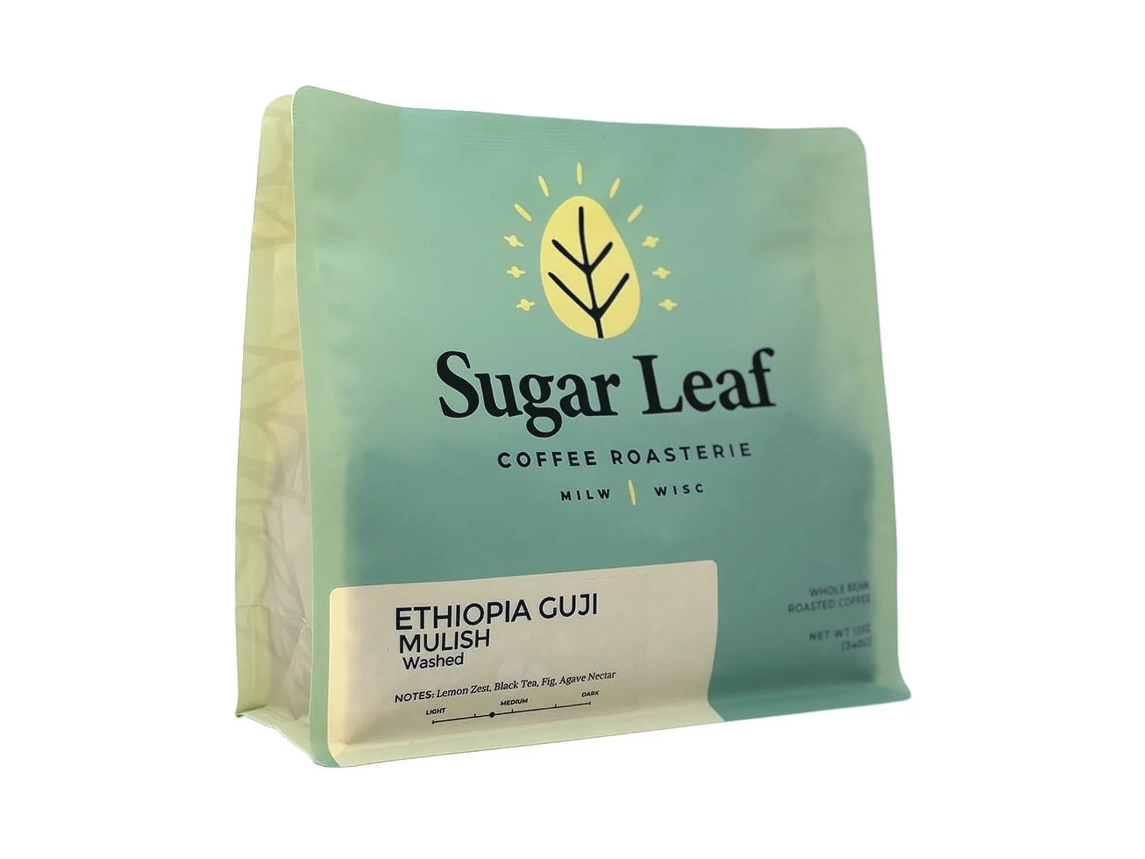 Angled view of a teal and cream 12 oz bag of Sugar Leaf Ethiopia Guji Mulish whole bean coffee