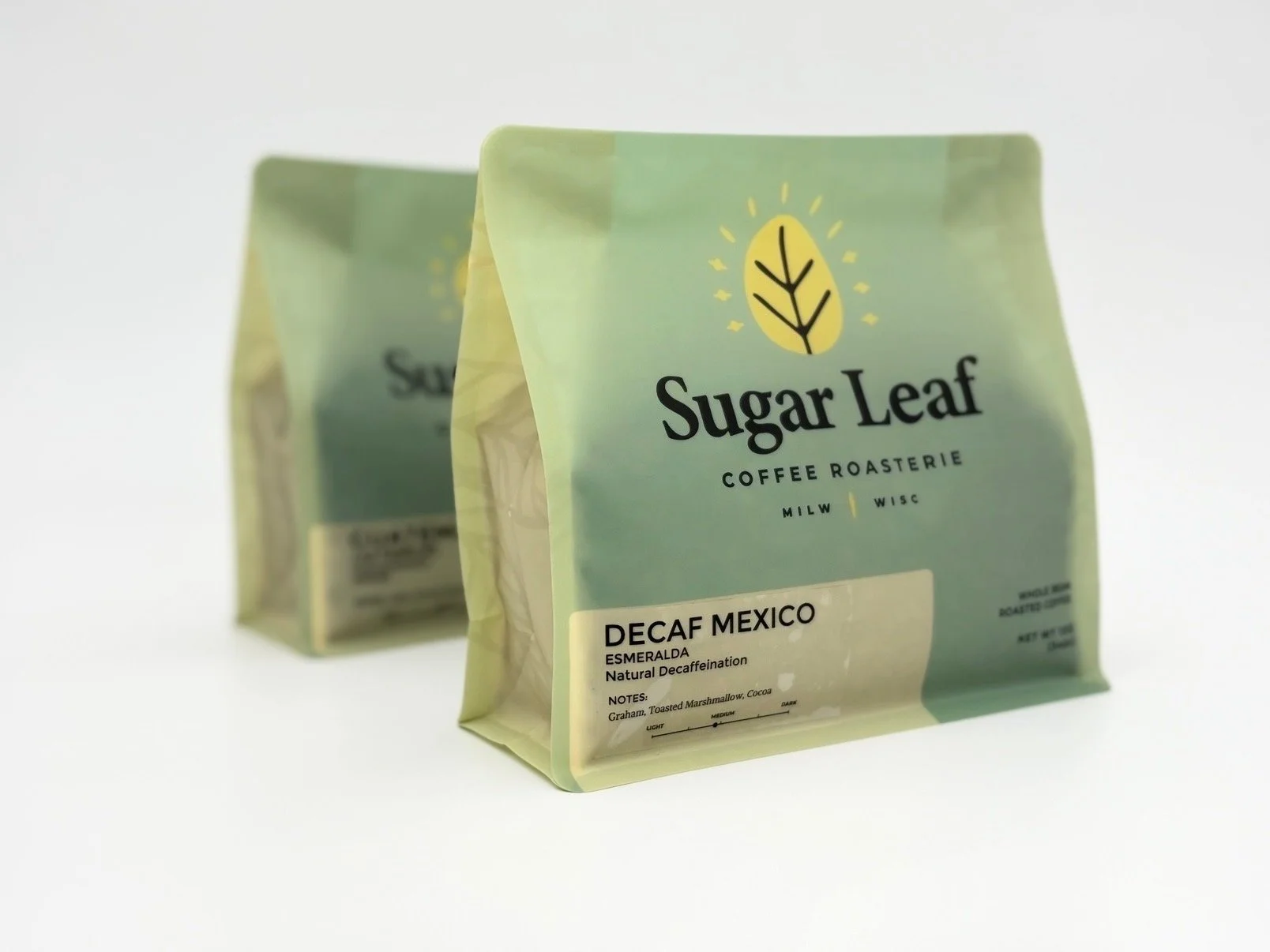Two bags of Sugar Leaf Decaf Mexico coffee