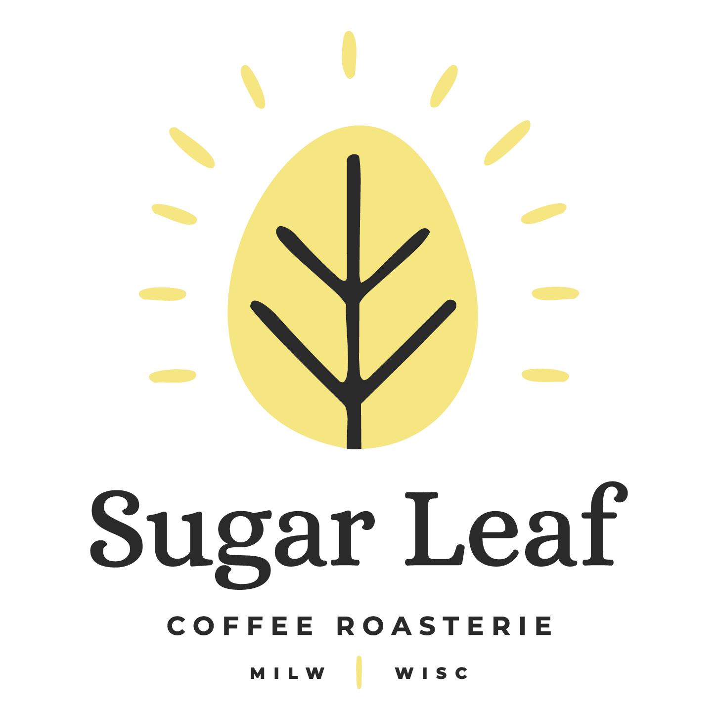 Sugar Leaf coffee roasterie logo with yellow leaf brand mark and milw wisc at the bottom