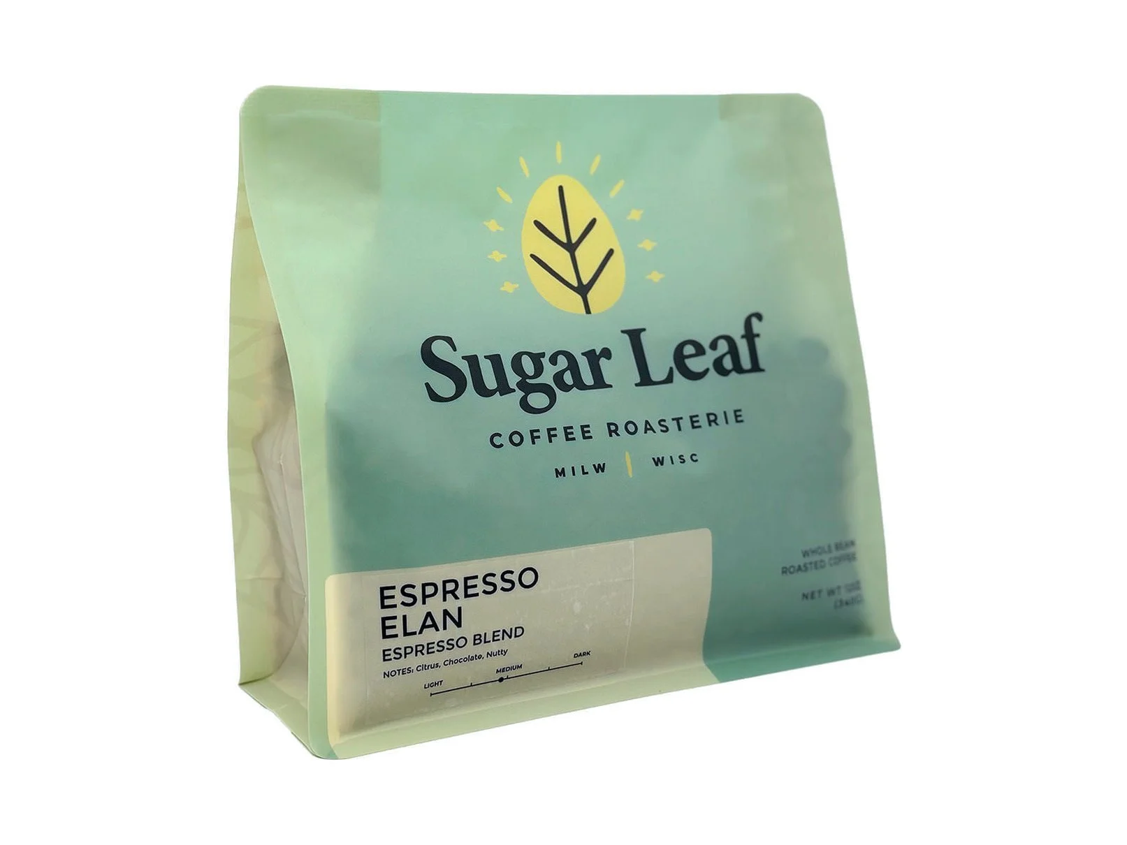 Angled view of a teal and cream 12 oz bag of Sugar Leaf Espresso Elan Espresso Blend whole bean coffee
