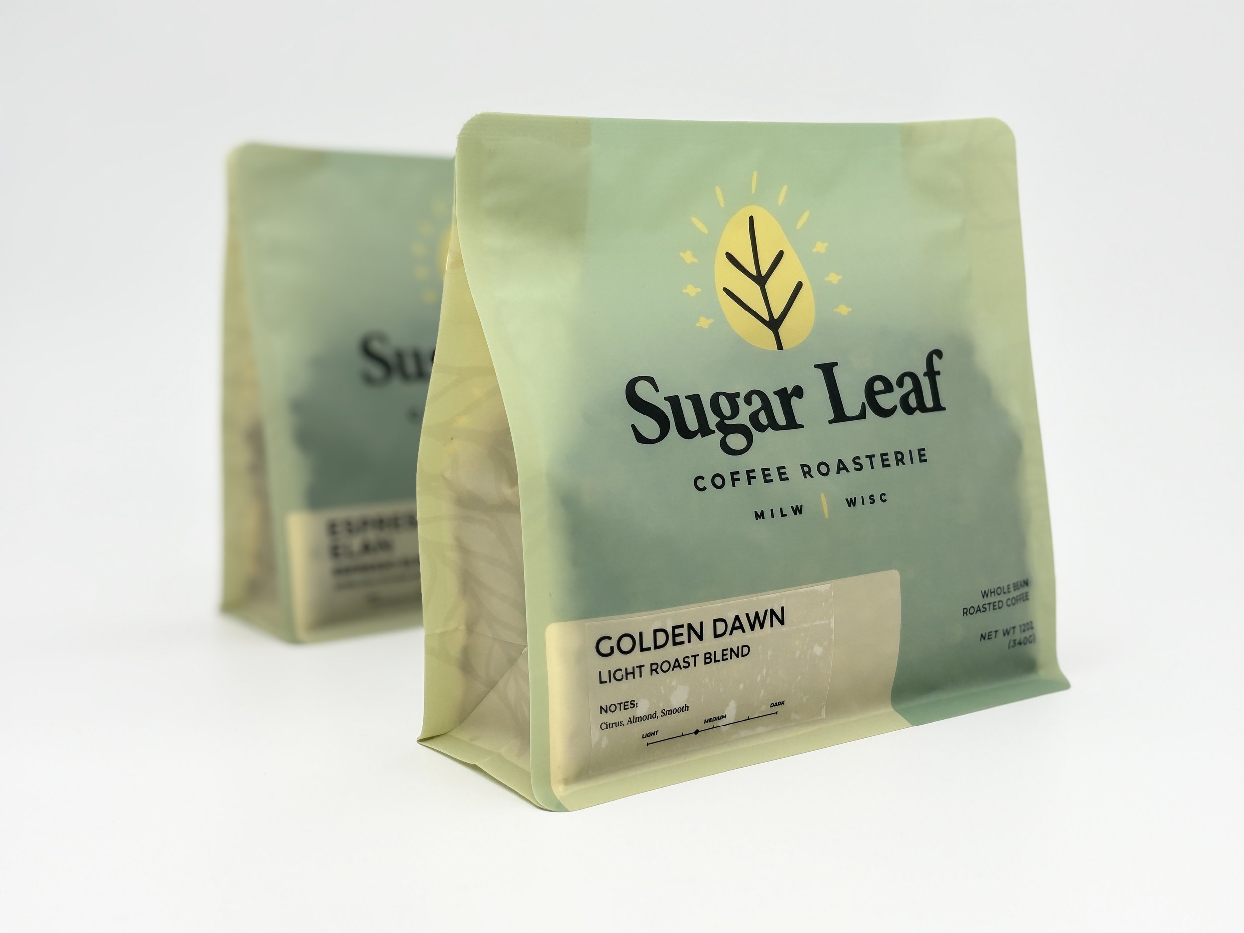 Two bags of Sugar Leaf Golden Dawn coffee