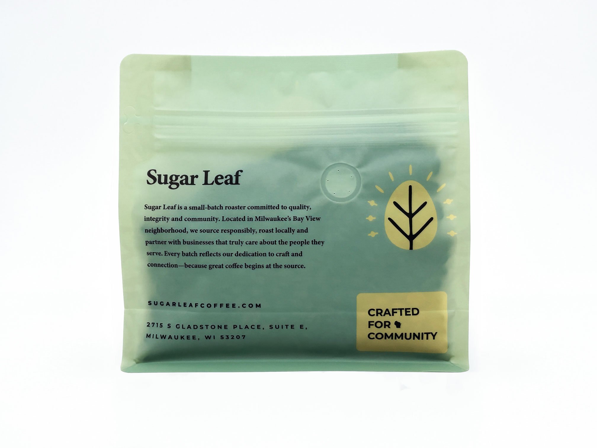 Back of Sugar Leaf coffee bag showing nutrition facts and roast date.