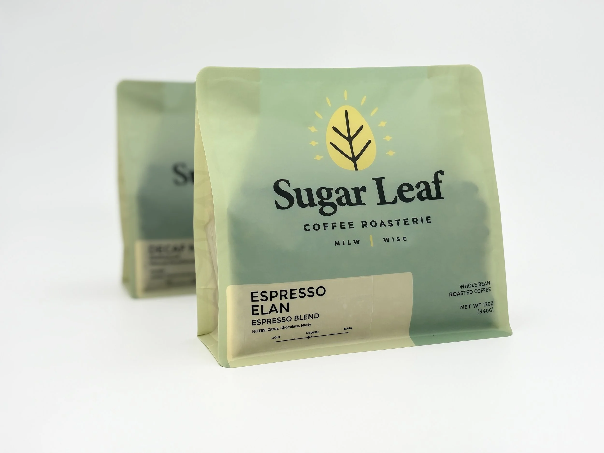 Two bags of Sugar Leaf Espresso Elan coffee