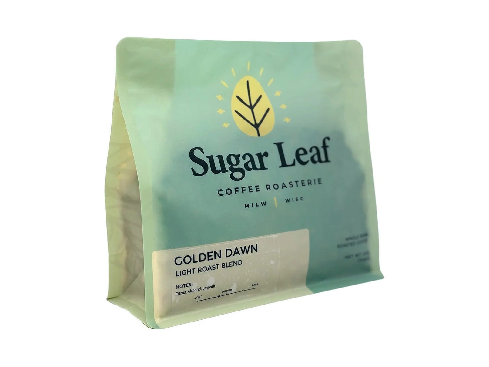 Angled view of a teal and cream 12 oz bag of Sugar Leaf Golden Dawn Light Roast Blend whole bean coffee