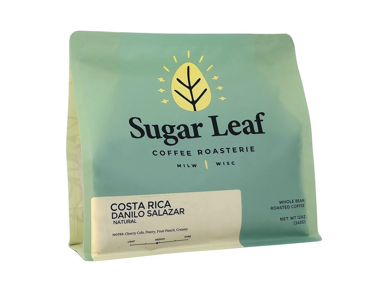 Angled view of a teal and cream 12 oz bag of Sugar Leaf Costa Rica Danilo Salazar whole bean coffee