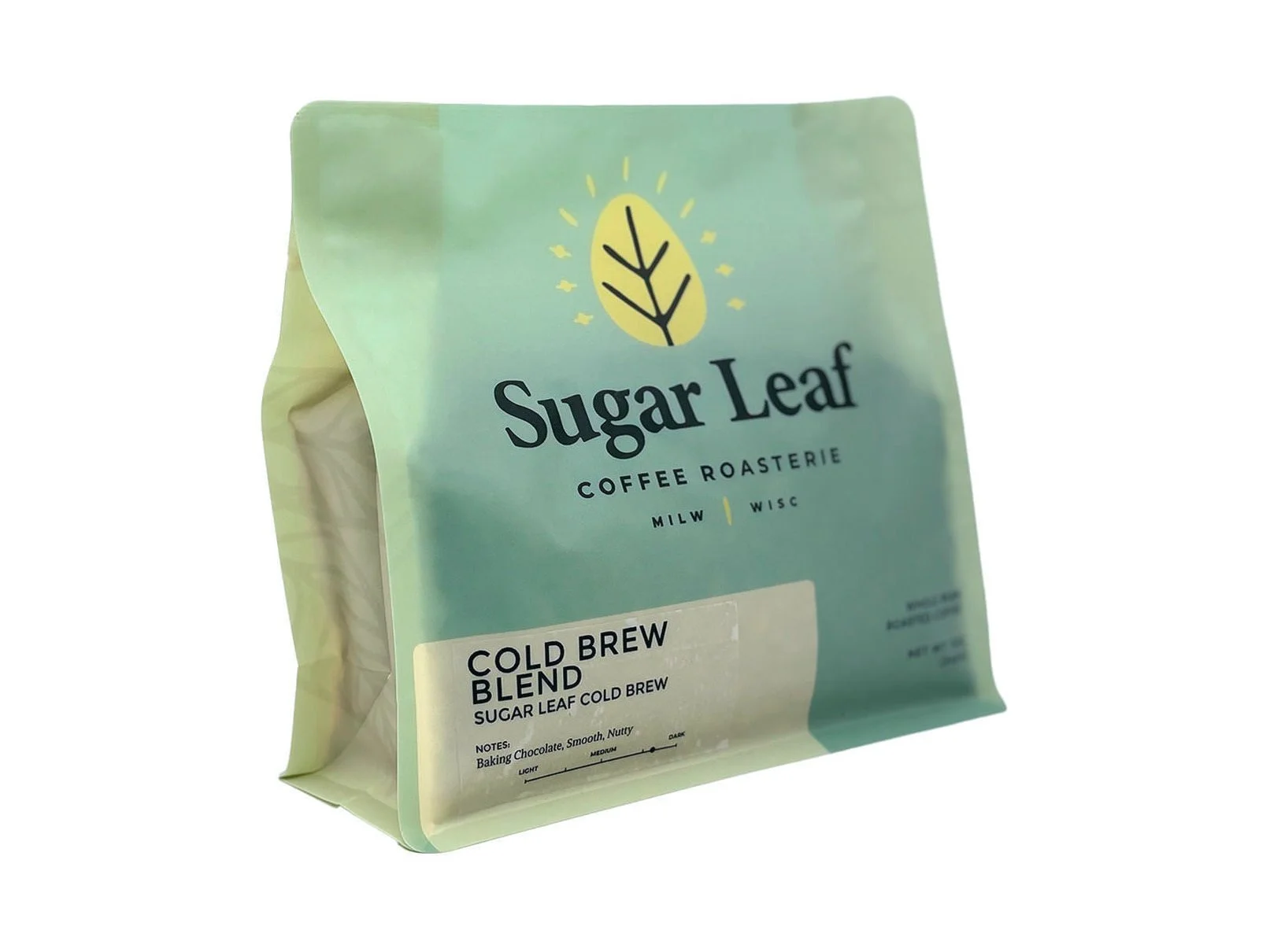 Angled view of a teal and cream 12 oz bag of Sugar Leaf Cold Brew Blend whole bean coffee