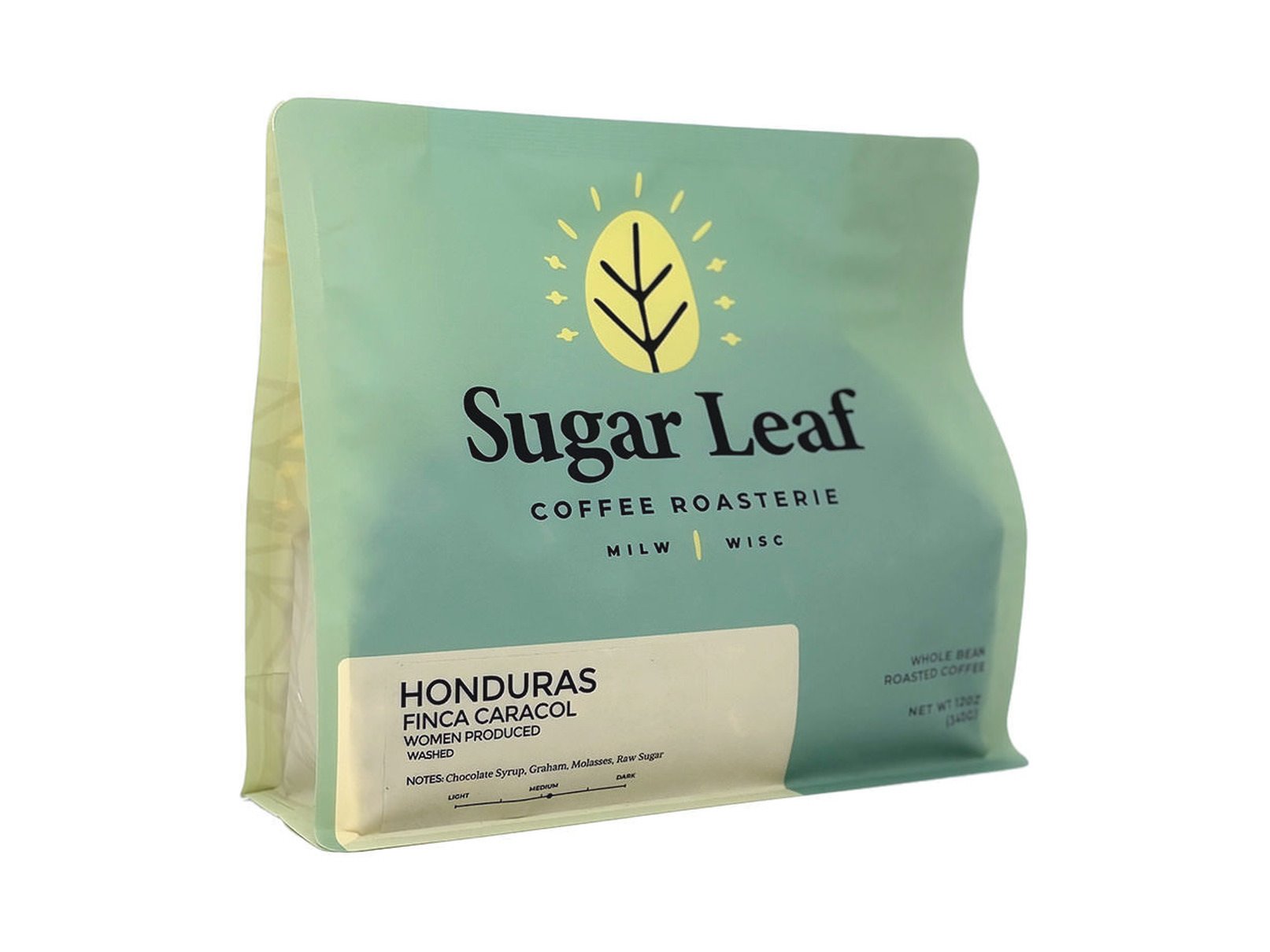Angled view of a teal and cream 12 oz bag of Sugar Leaf Honduras Finca Caracol whole bean coffee