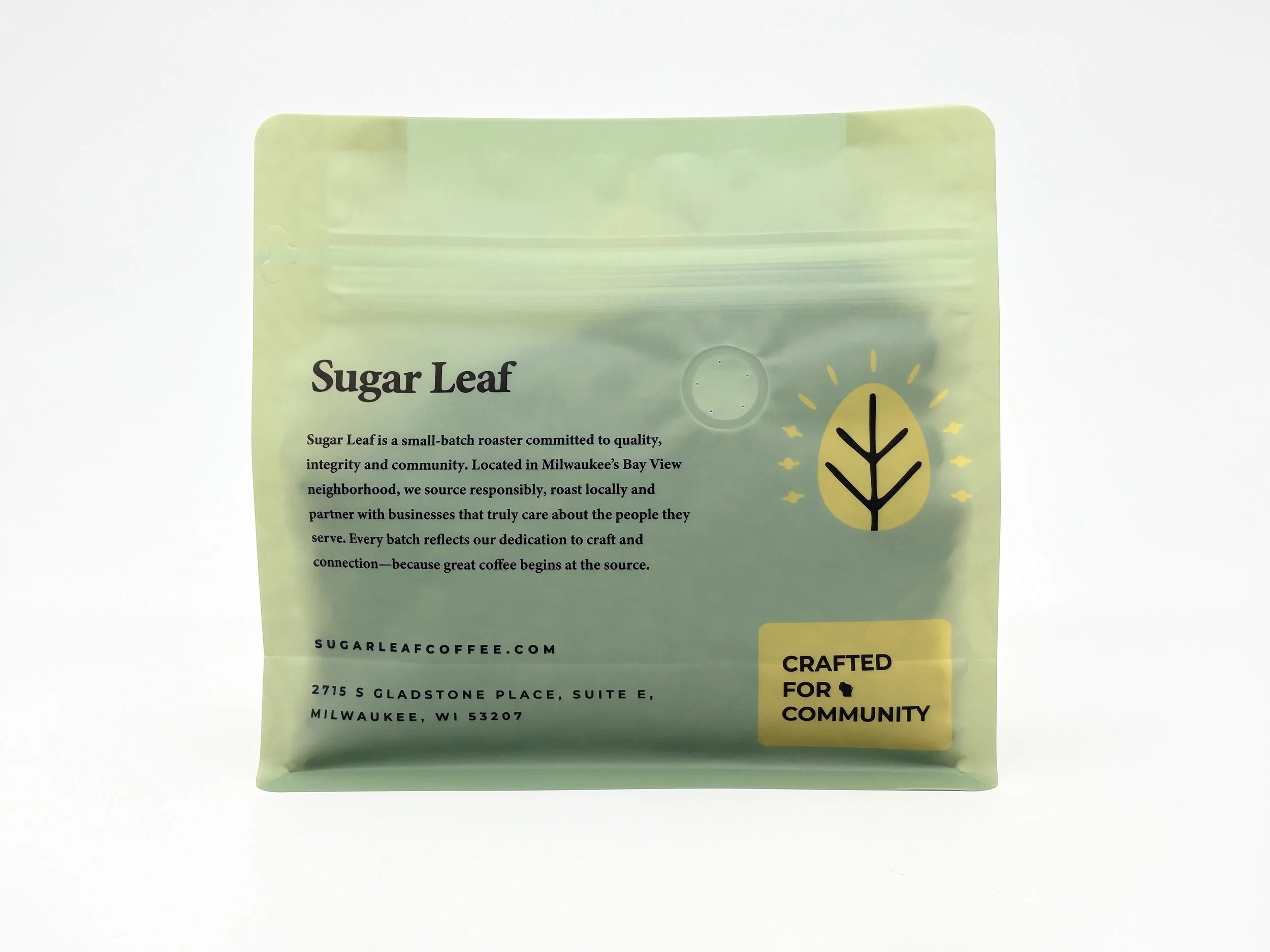 Back of Sugar Leaf coffee bag showing nutrition facts and roast date (Copy)