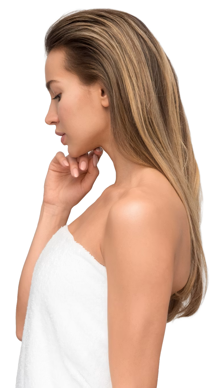 A woman with long, brown hair is looking down and touching her chin with her hand, wrapped in a white towel, in a side profile view at Sonia's Studio