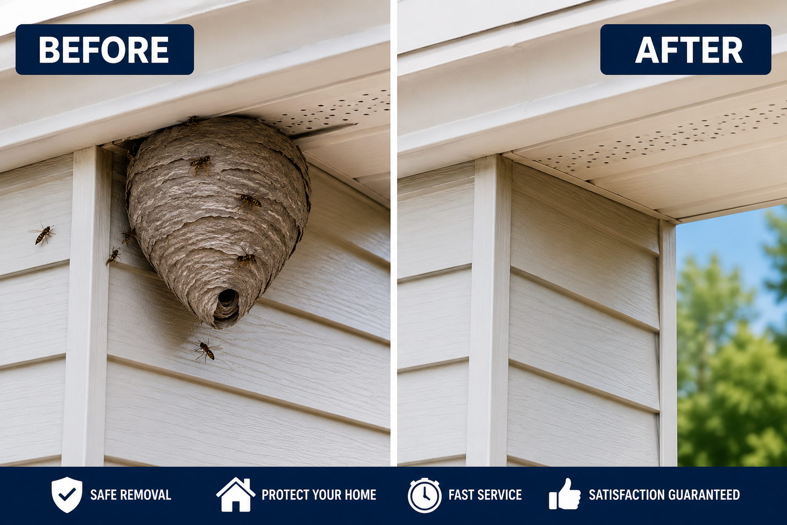 Before and after image of a house exterior showing wasp nest removal. The left side shows a wasp nest under the eaves with wasps around, and the right side shows the cleaned area without the nest.
