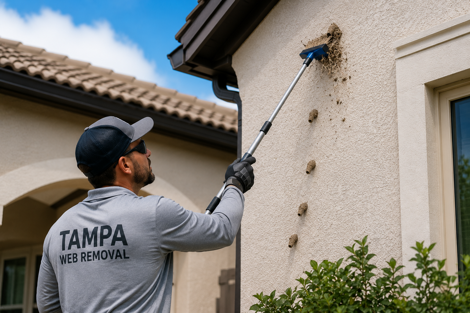 A man wearing a Tampa Web Removal shirt, sunglasses, and gloves using a long pole to remove a wasp nest from the side of a house.