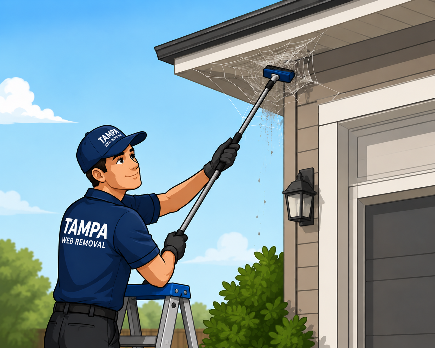 A worker from Tampa Web Removal cleaning a spider web from the corner of a house's exterior wall with a long-handled tool, standing on a ladder, with bushes and a blue sky in the background.