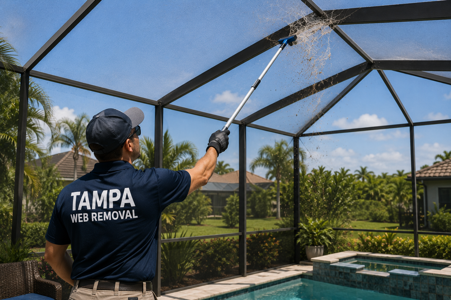 Man from Tampa Web Removal cleaning spider webs from a screened porch using a long-handled tool, with a backyard with a hot tub, trees, and houses in the background.