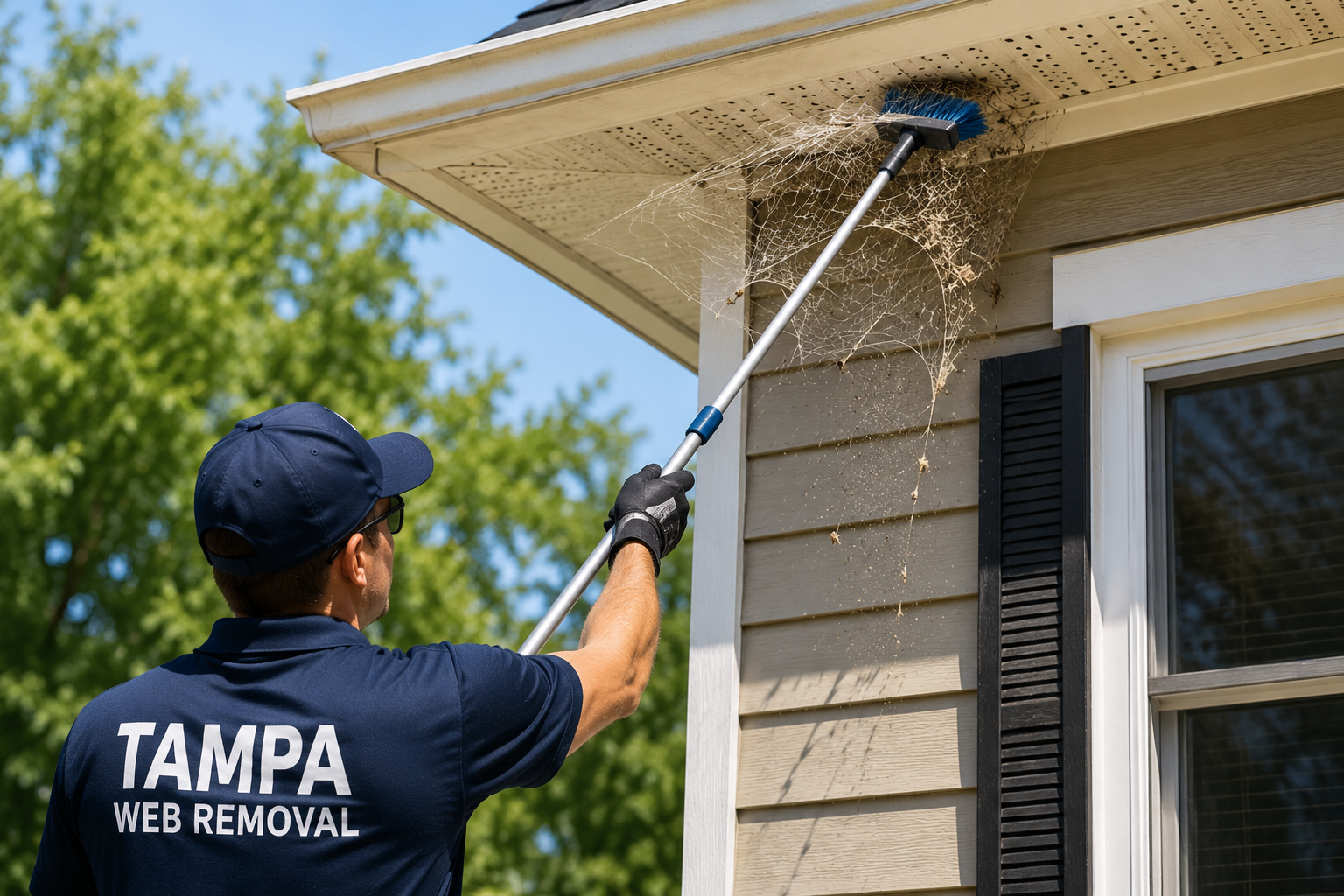 A man wearing a navy blue shirt and cap with 'TAMPA WEB REMOVAL' printed on back, using a long tool with a blue brush at the end to remove cobwebs from the corner of a house's roof eaves.