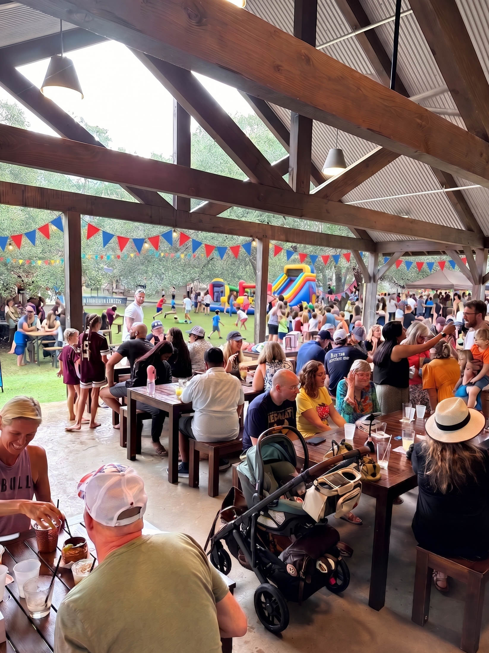 Crowd of people gathered at an outdoor event with colorful bunting, inflatable slide, and trees in the background, viewed from under a wooden pavilion roof.