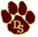 School mascot logo featuring a maroon paw print with gold outline and the initials "DS" inside