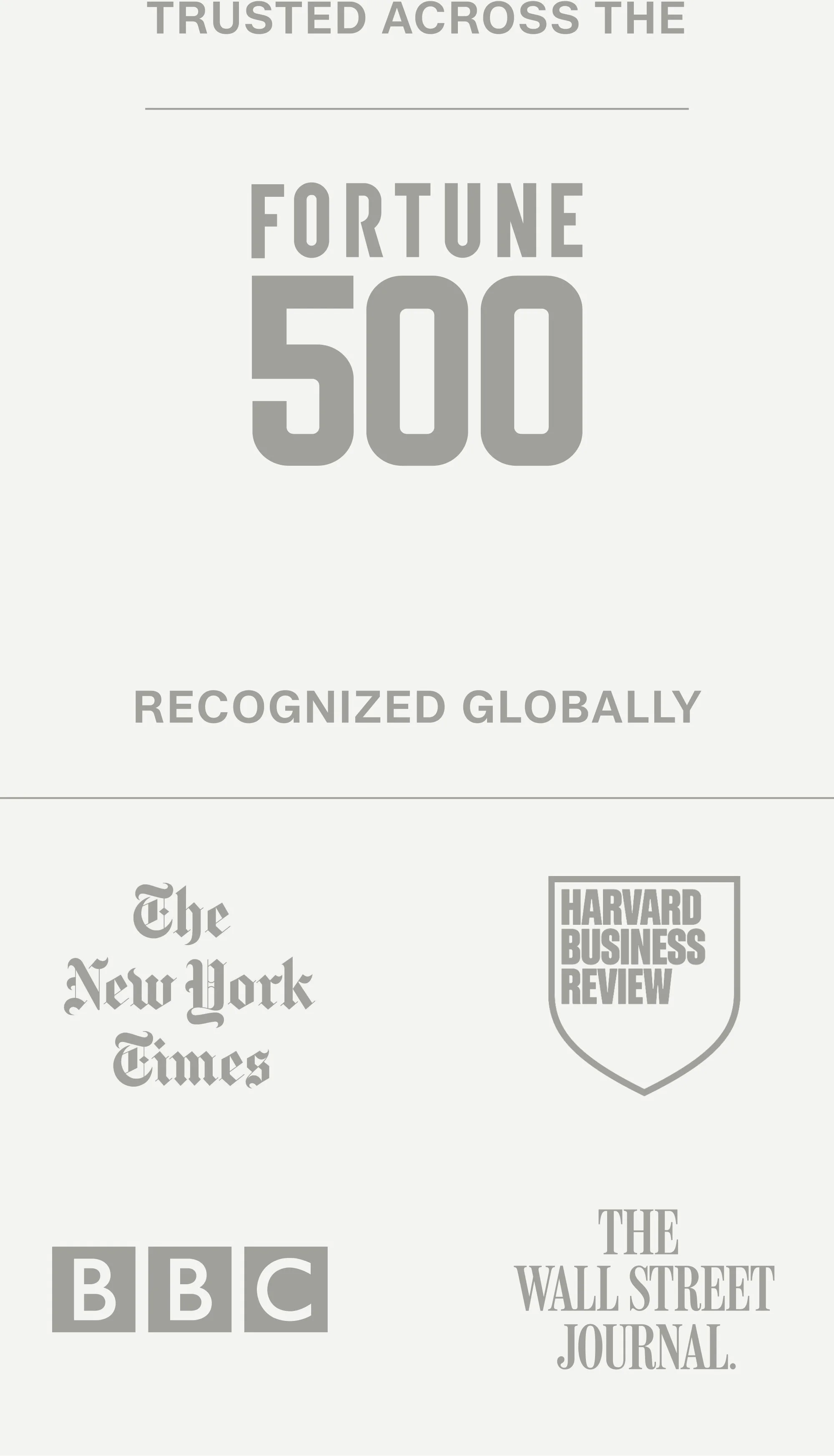 A light gray background with text and logos. The text includes: Trusted across the Fortune 500. And recognized globally by the New York Times, Harvard Business Review, BBC, and The Wall Street Journal