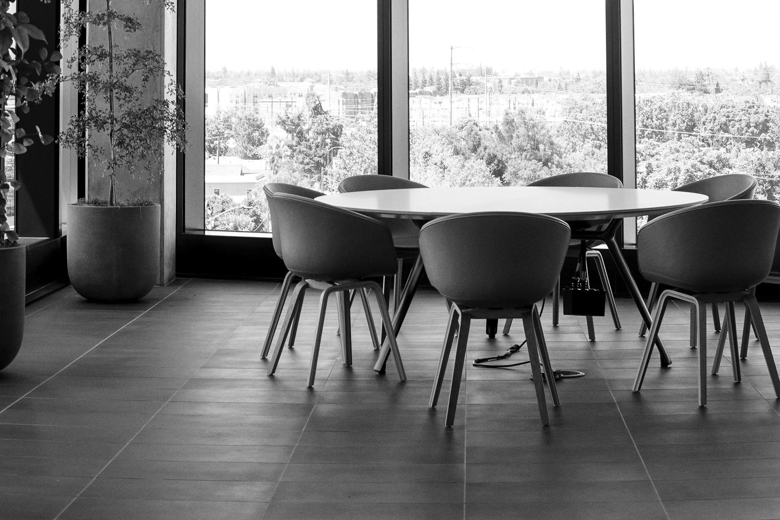 Black and white photo of an indoor space with a round table surrounded by six chairs, large windows showing a cityscape with trees and buildings, and a tall potted plant on the left.