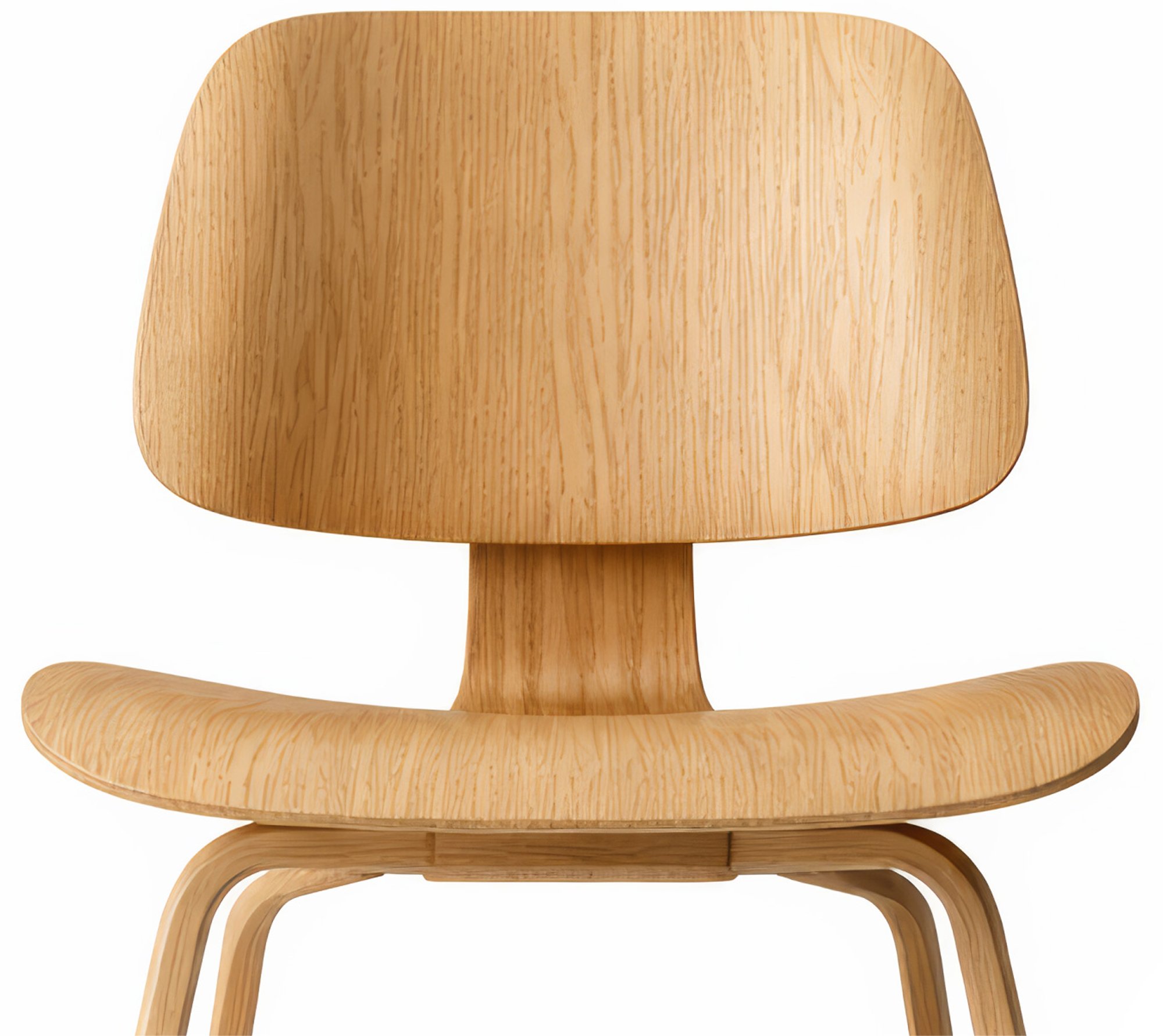 A wooden stack of three chairs with curved seats and backrests, showing their legs and construction.