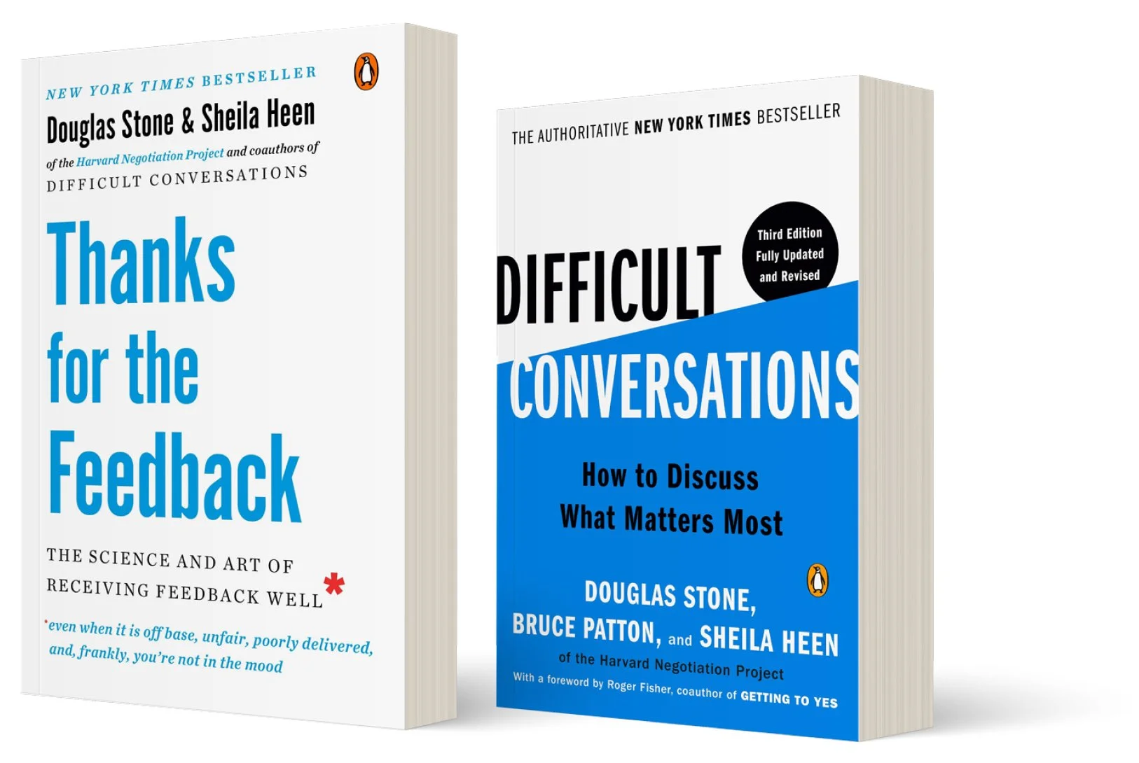 Two books published by founding members of Triad. One titled "Thanks for the Feedback" and the other "Difficult Conversations: How to Discuss What Matters Most," both featuring white and blue covers with black text and Penguin logo.