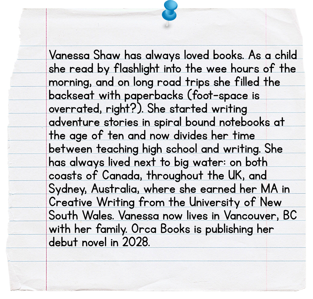A piece of lined paper with a biography about Vanessa Shaw, pinned on a surface with a blue pushpin.
