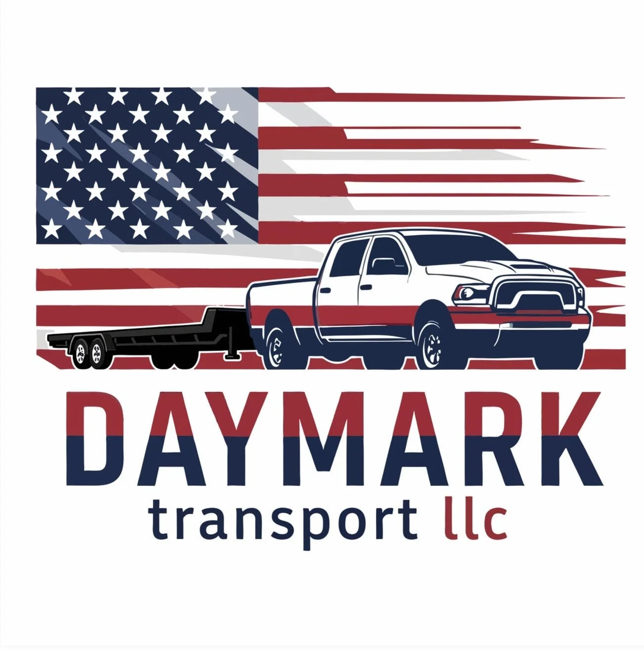 A logo for Daymark Transport LLC featuring an American flag, a pickup truck with red, white, and blue design, and a flatbed trailer.