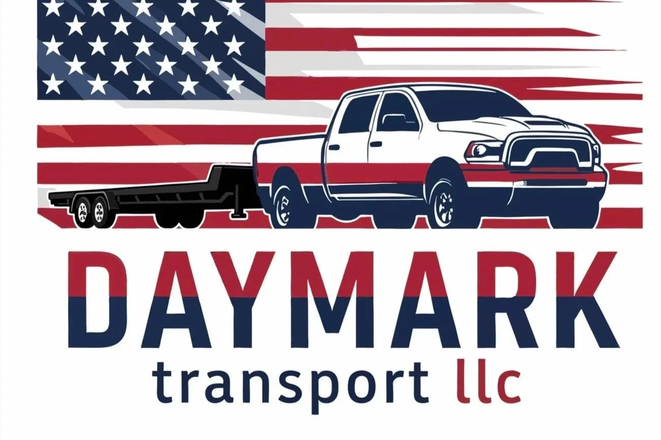 Illustration of a pickup truck and trailer with an American flag in the background. The text reads 'DAYMARK transport llc' in bold letters.