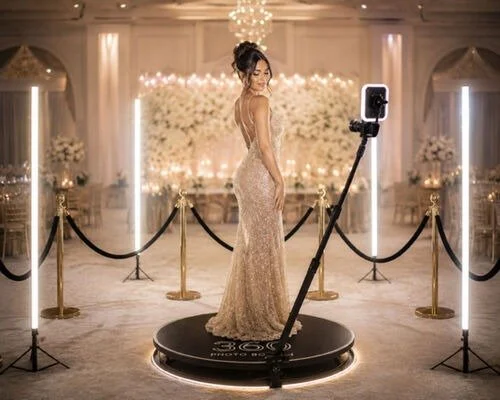 A woman in a long, sparkly gown stands on a circular platform in a decorated event hall, taking a selfie with a selfie stick, surrounded by soft lighting and elegant decor.