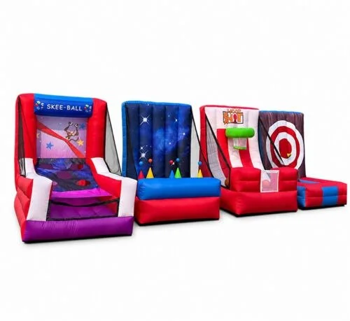 Four colorful indoor bounce houses designed for kids, featuring themes like space, target practice, and a superhero city.