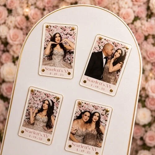 Four photo booth pictures of women and a man, with pink floral backgrounds and white borders, labeled Scarlette's XV, 4.18.23 on a white oval display.
