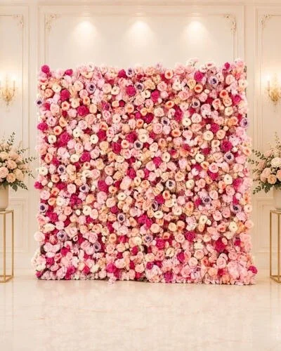 A large square floral wall arrangement with pink and white roses in a fancy room with gold accents and side tables.