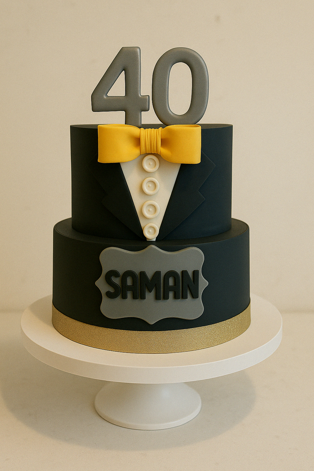 Black tiered cake styled as a tuxedo with a gold bow tie and a 40 topper.