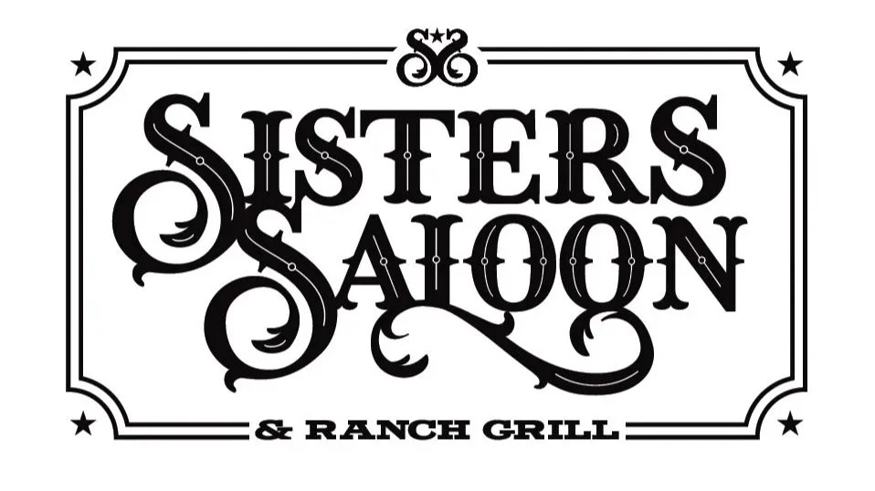 Logo for Sisters Saloon & Ranch Grill with decorative border and stylized text.