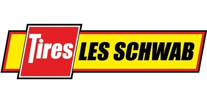 Logo for Les Schwab Tires featuring red, black, yellow, and white colors with bold text.