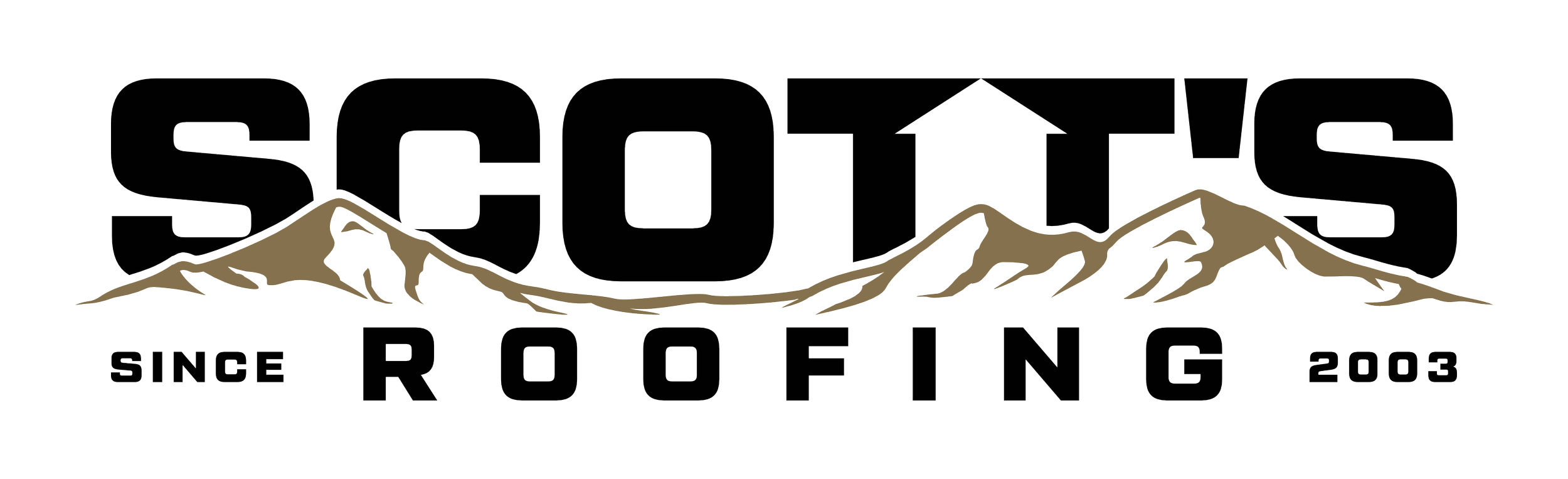 Logo for Scott's Roofing, featuring mountain graphics and text indicating the company's name and establishment year 2003.