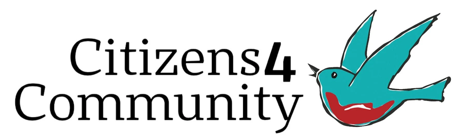 Logo for Citizens4Community featuring black text and a stylized blue bird with red accents.