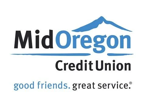 MidOregon Credit Union logo with mountain graphic, text reading 'MidOregon Credit Union' and slogan 'good friends. great service.'