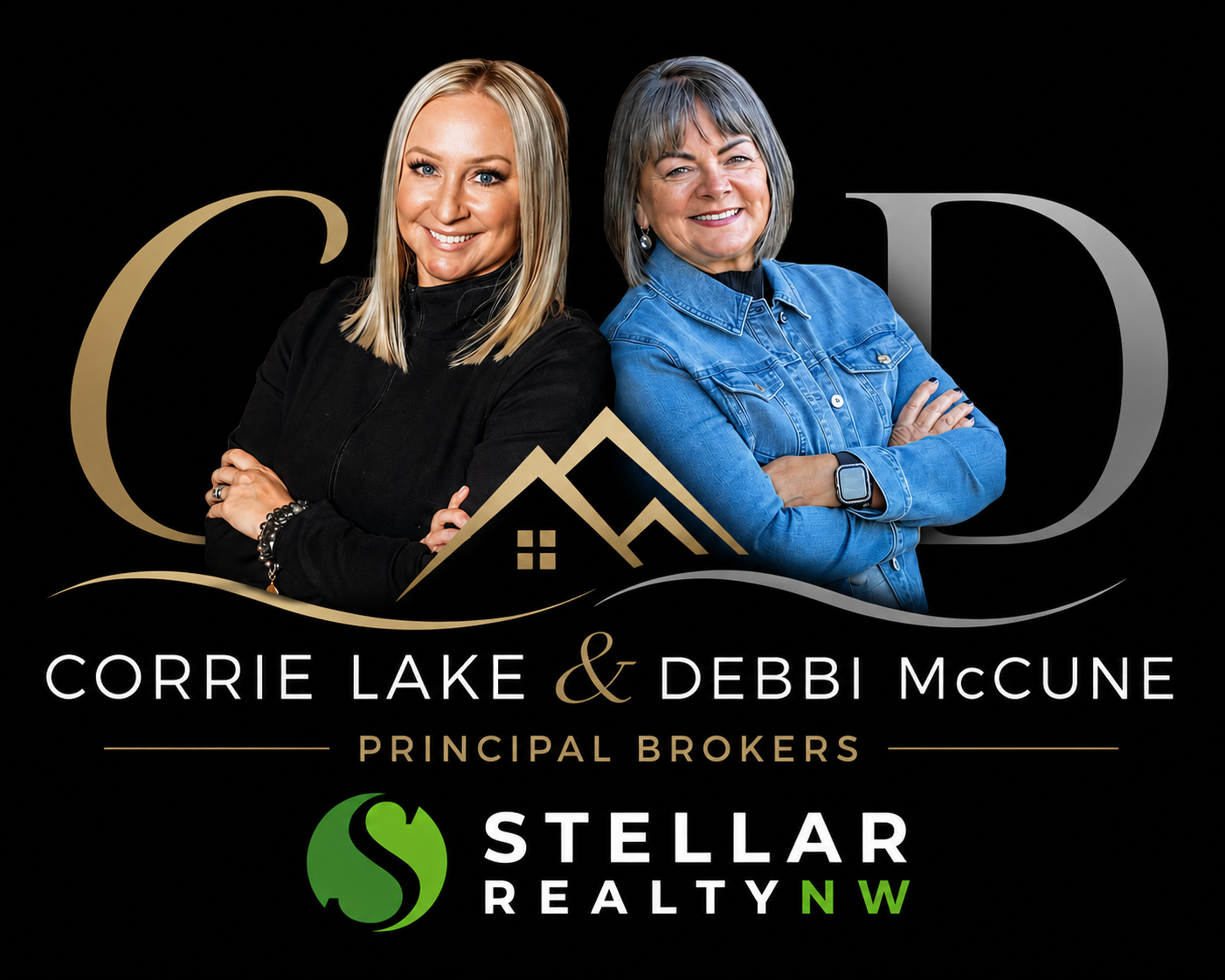 Logo for Corrie Lake and Debbi McCune Principal Brokers featuring two women back to back, a gold house roof and windows, with text highlighting experience, integrity, results, and a Stellar Realty NW partnership.