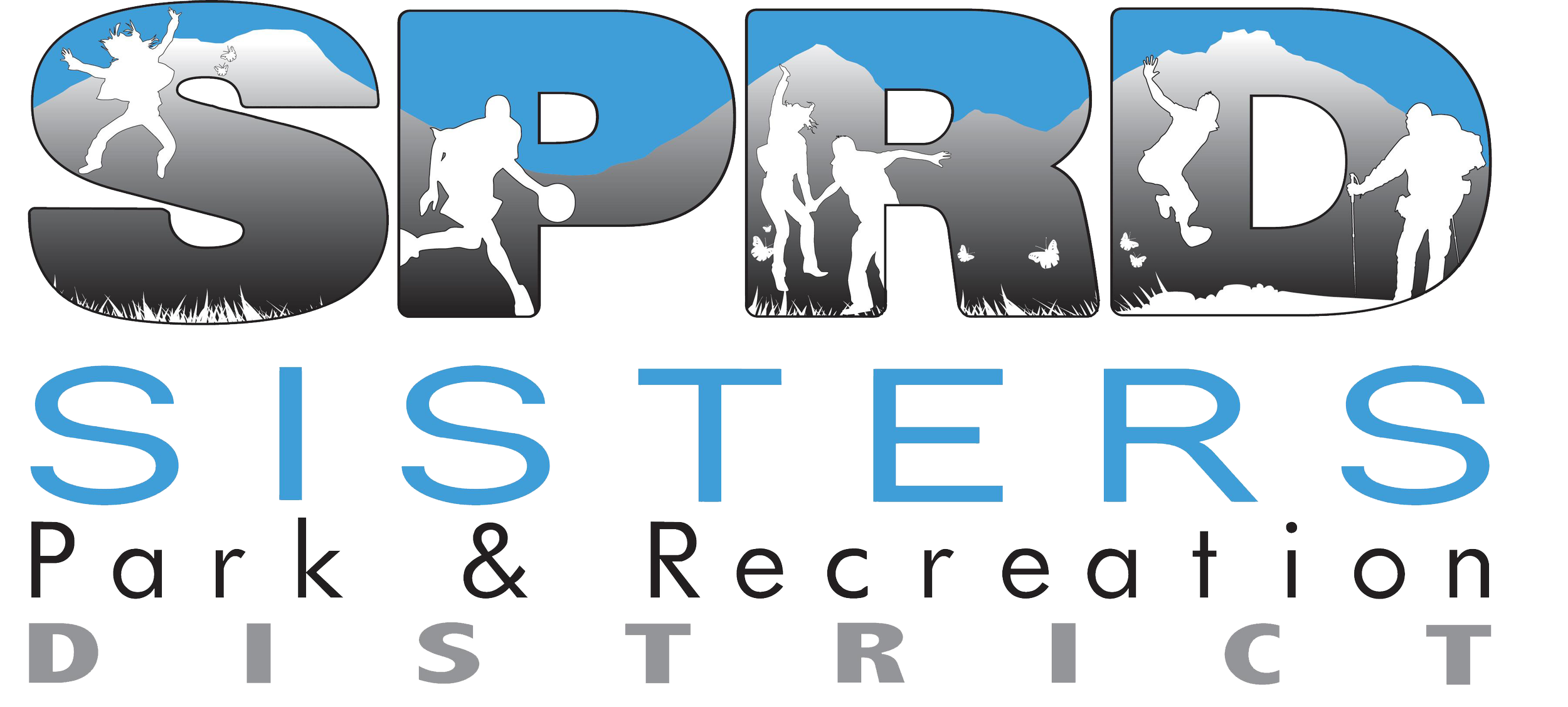 Logo for Sisters Park & Recreation District with the letters 'SPRD' in large letters filled with outdoor silhouettes, and 'Sisters Park & Recreation District' written below.