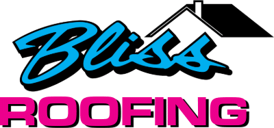 Logo for Bliss Roofing with stylized text, a roof graphic, and the words 'Bliss Roofing' in blue, black, and pink colors.