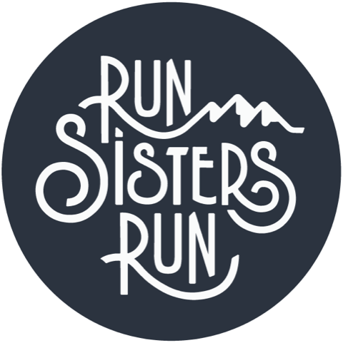 Stylized logo with the words 'Run Sisters Run' and a mountain graphic in white on a dark background.