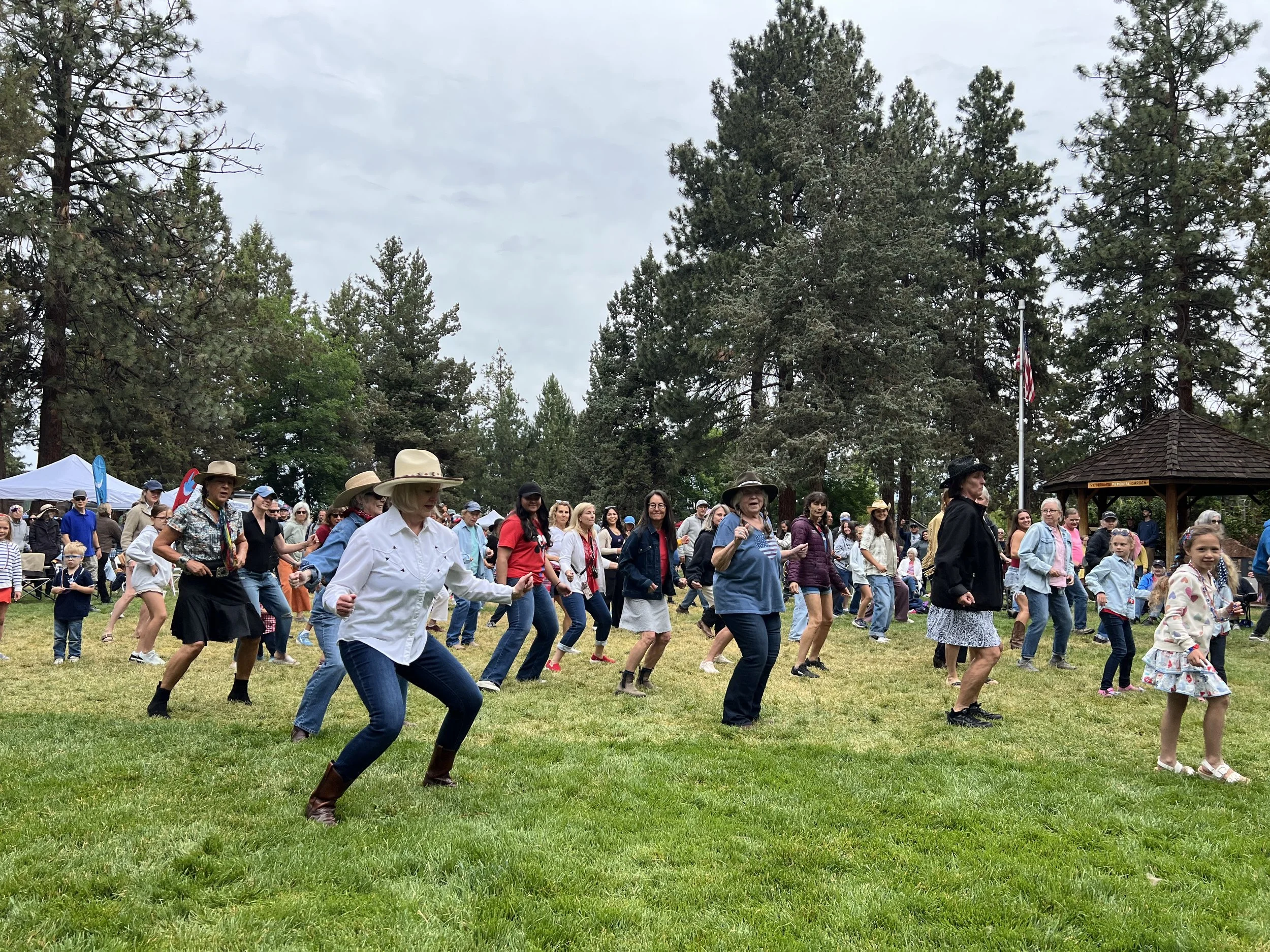 A large group of people, mostly women, line dancing on a grassy field surrounded by tall trees. The participants are wearing casual clothing and hats, some are holding hands or have their arms raised, and the sky is cloudy.