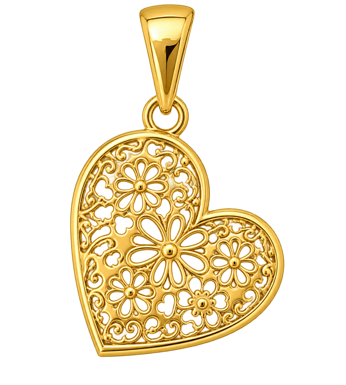 Gold heart-shaped pendant with intricate floral filigree design.