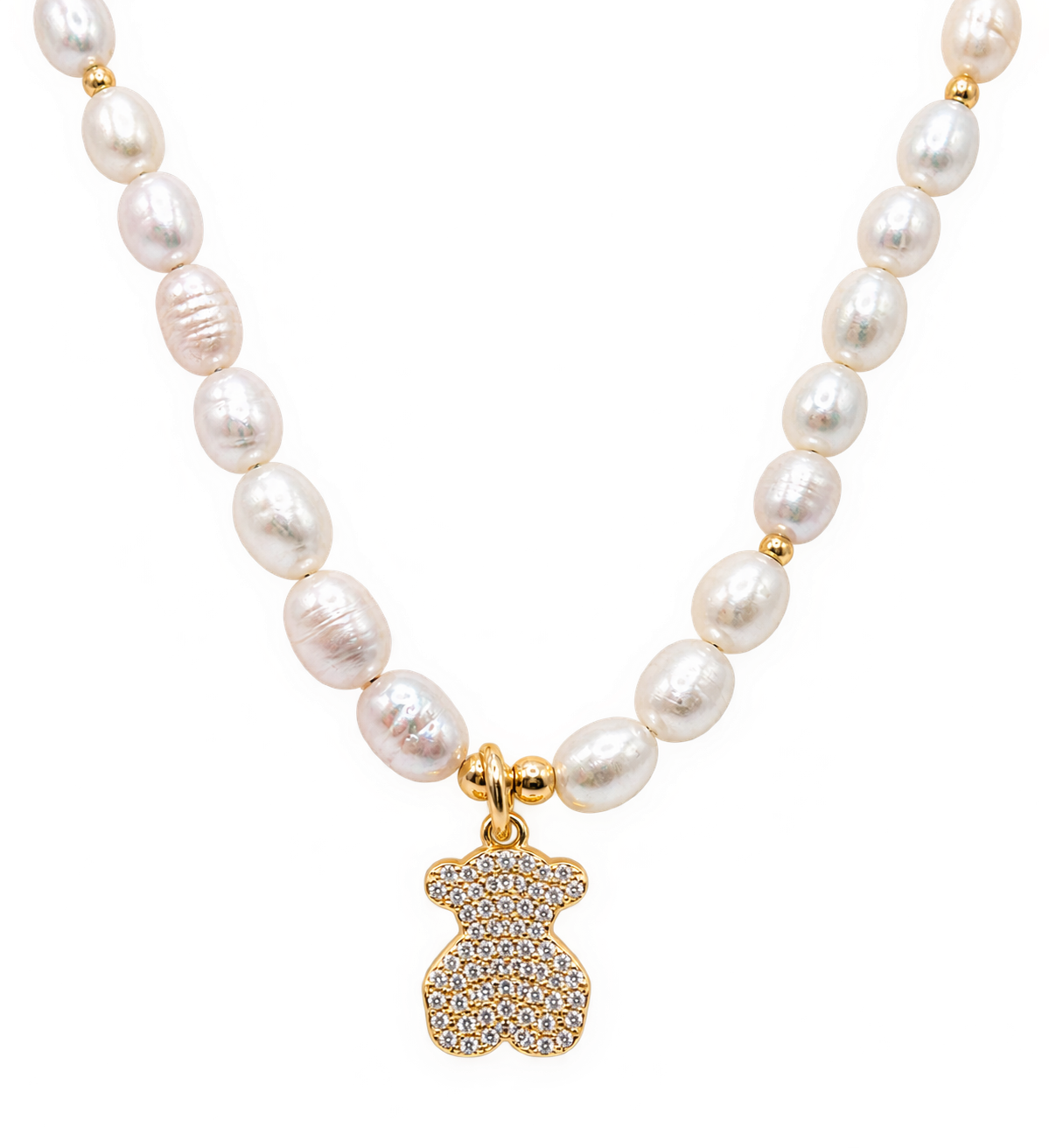 A pearl necklace with a gold bear-shaped pendant encrusted with small diamonds.
