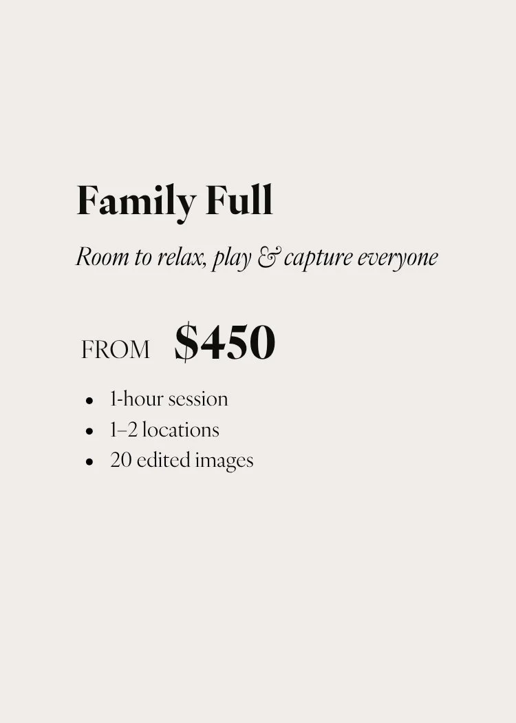 Advertisement for family photography sessions with pricing starting at $450, includes 1-hour session at 1-2 locations and 20 edited images.