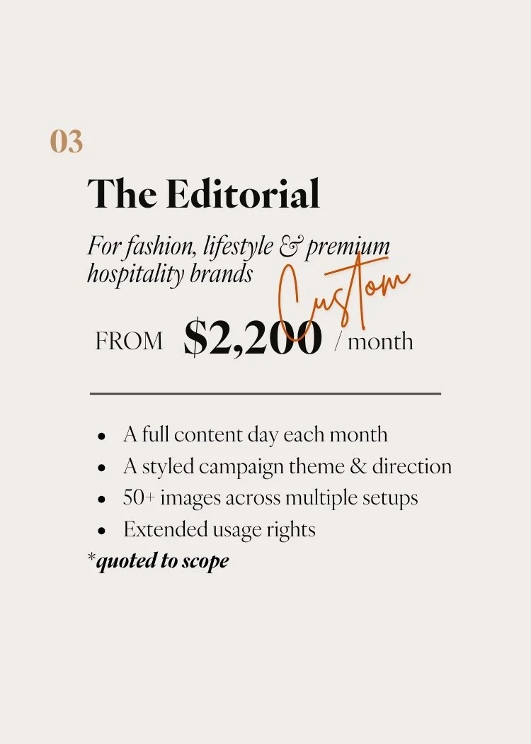 Advertisement for The Editorial subscription service, offering fashion, lifestyle, and premium hospitality brand content starting at $2,200 per month, including daily content, styled themes, over 50 images, and extended usage rights.