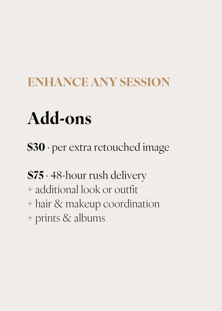 Price list for add-on services including extra retouched images, 48-hour rush delivery with additional options for look, hair, makeup, prints, and albums.